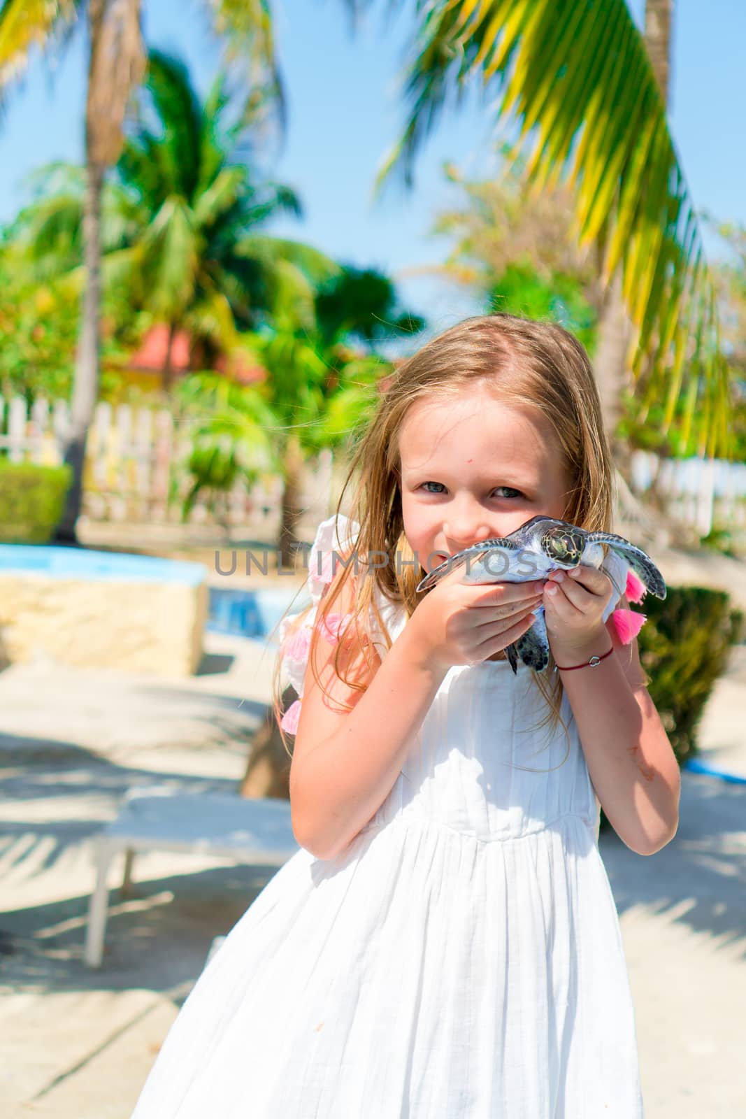 Adorable little girl with a small turtle in her hands in the natural reserve by travnikovstudio