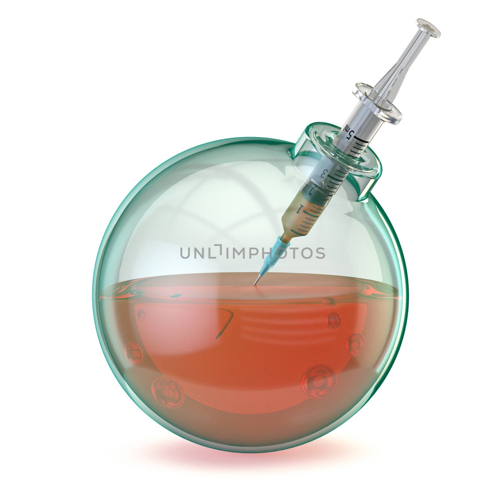 Plastic syringe in glass bottle of red liquid 3D render illustration isolated on white background