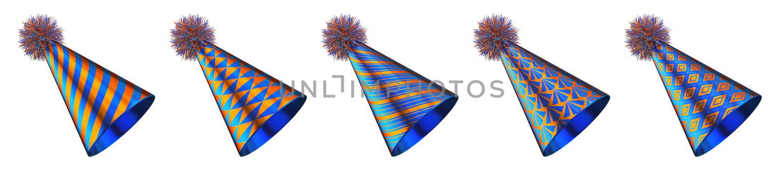 Five blue orange party hats 3D render illustration isolated on white background