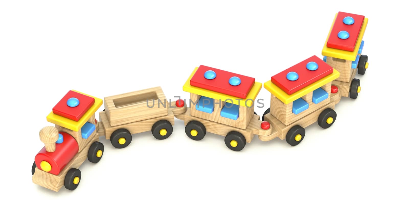 Wooden train toy 3D render illustration isolated on white background