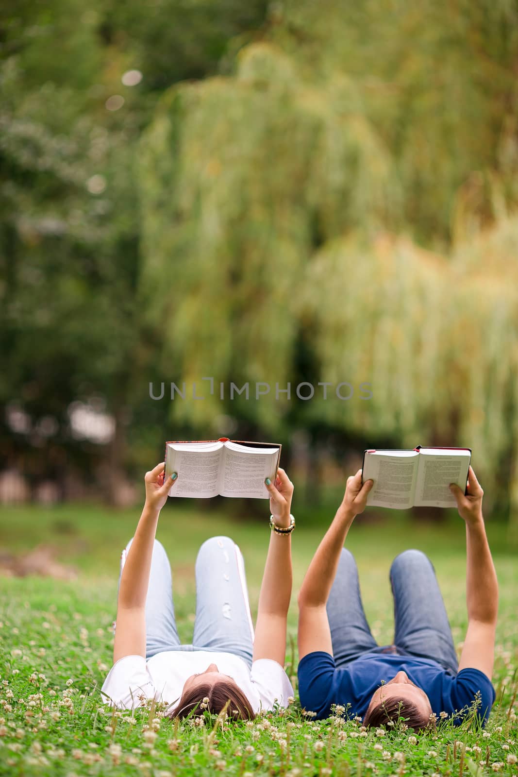 Relaxed young couple reading books while lying on grass by travnikovstudio