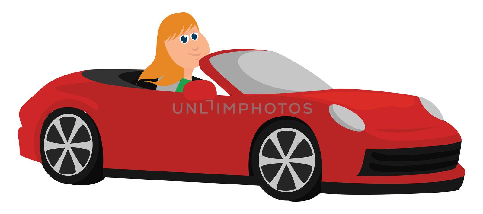 Girl in red car , illustration, vector on white background by Morphart