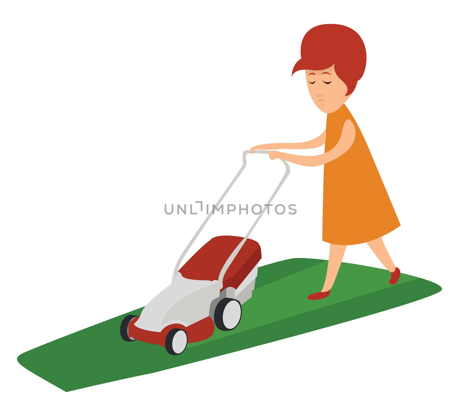 Girl cutting the lawn , illustration, vector on white background