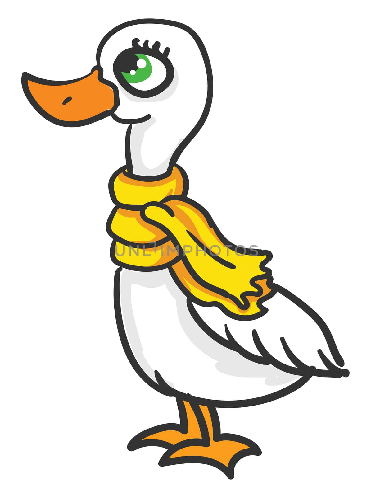 Goose with yellow scarf , illustration, vector on white background