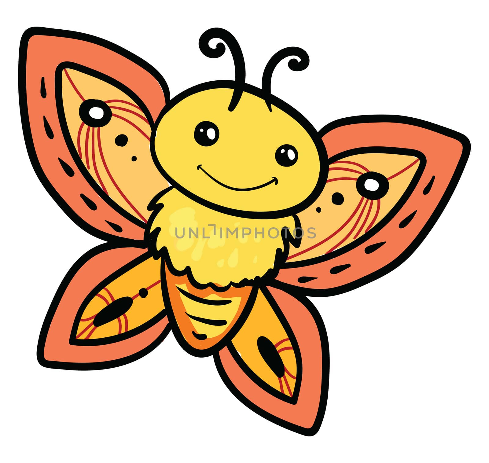 Happy yellow butterfly , illustration, vector on white background