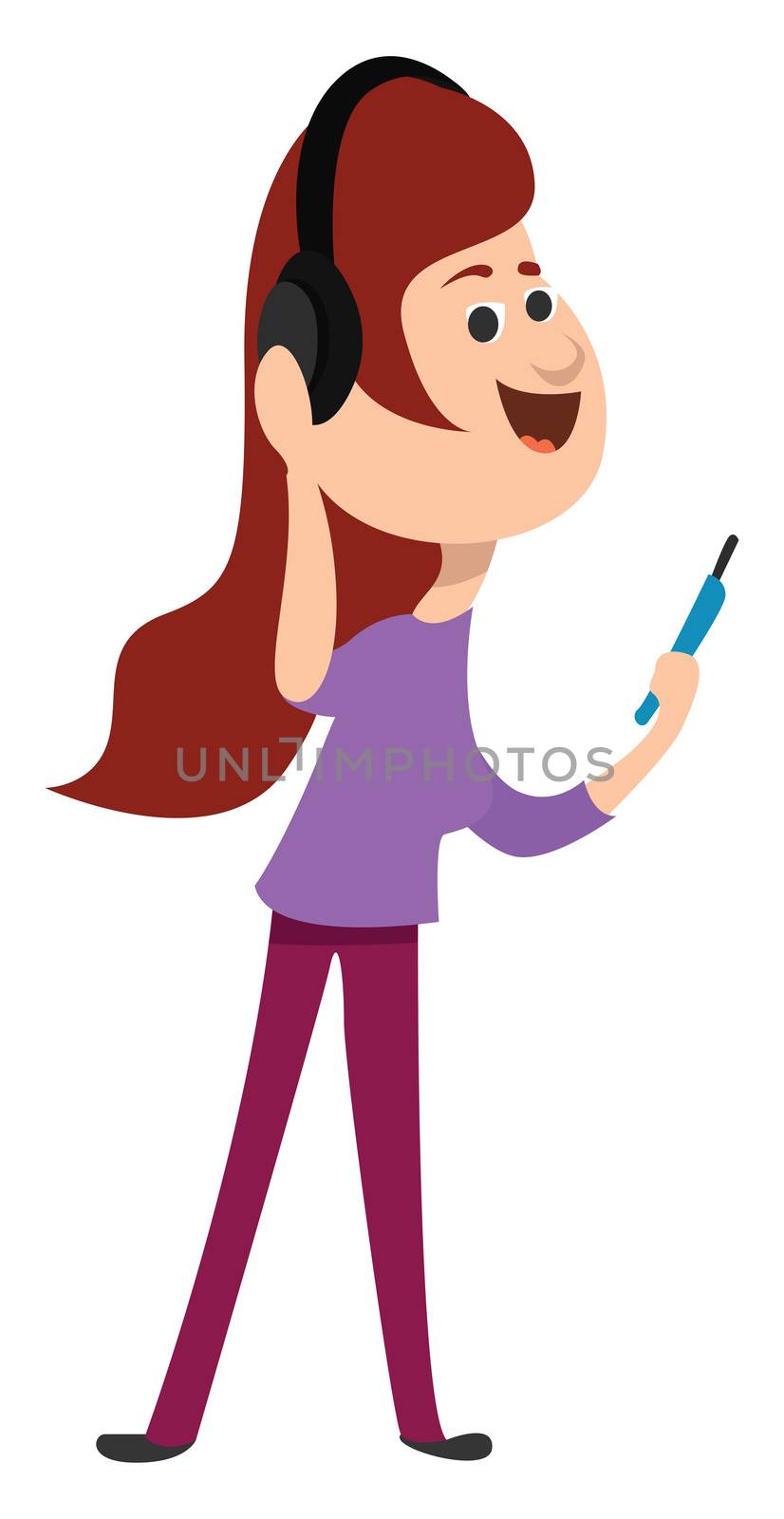 Girl with headphones , illustration, vector on white background