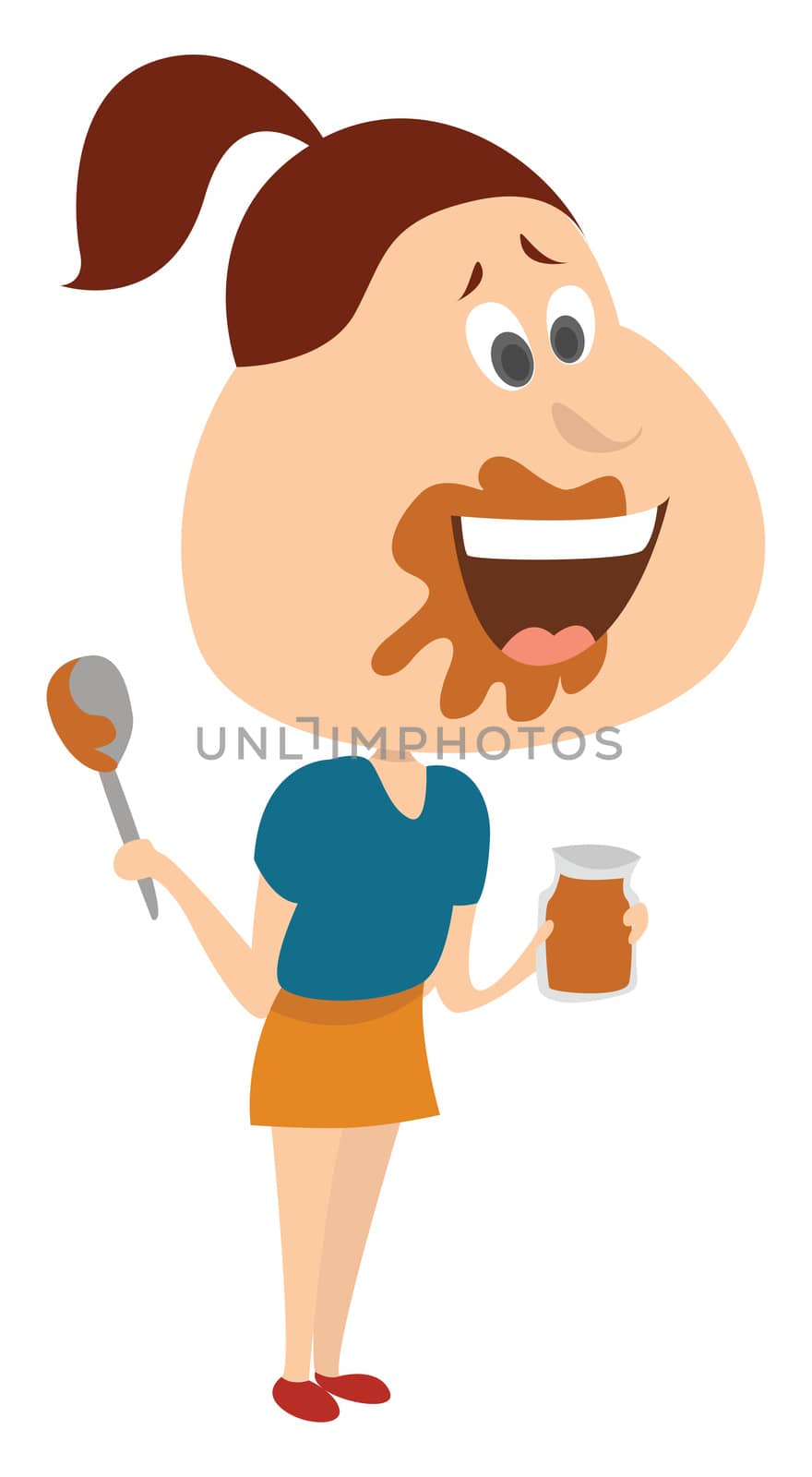 Girl eating peanut butter , illustration, vector on white background