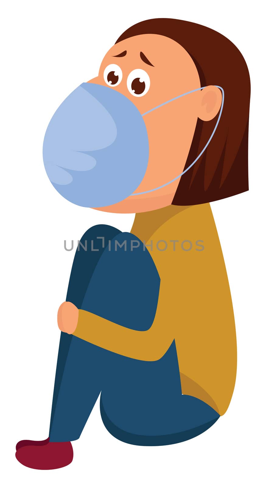 Sad girl with medical mask , illustration, vector on white background
