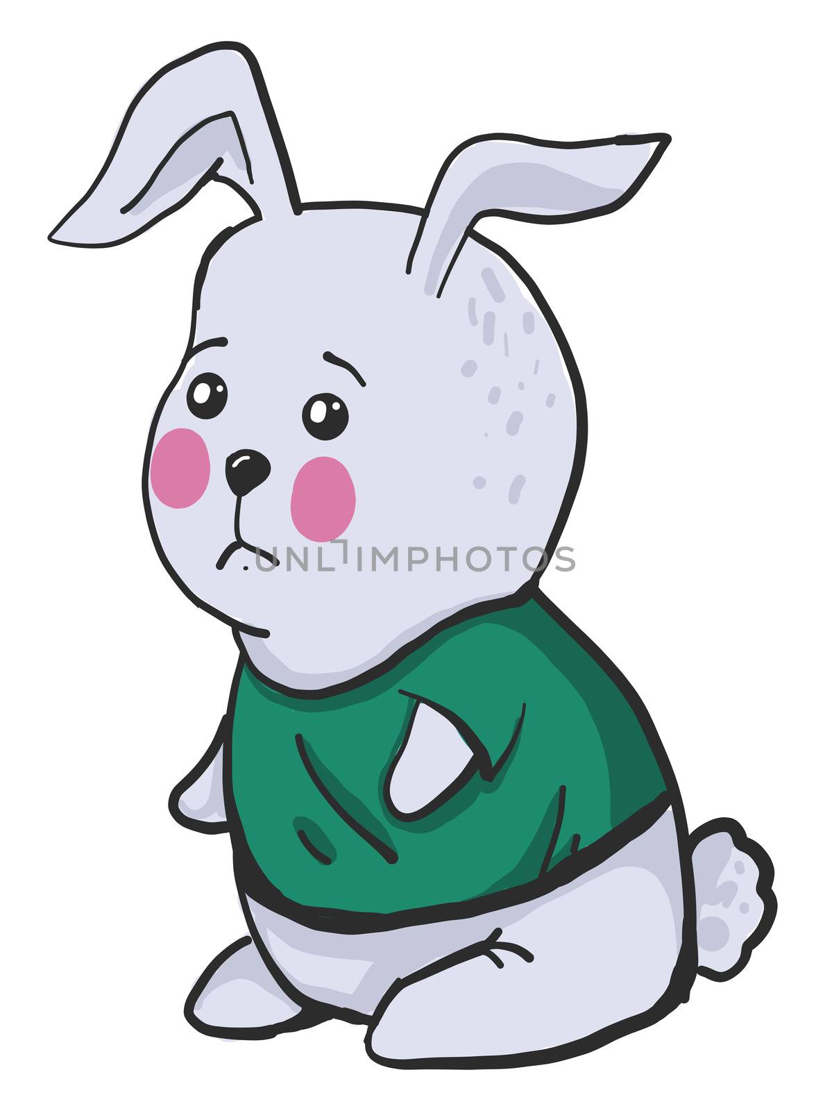 Sad bunny in green shirt , illustration, vector on white backgro by Morphart