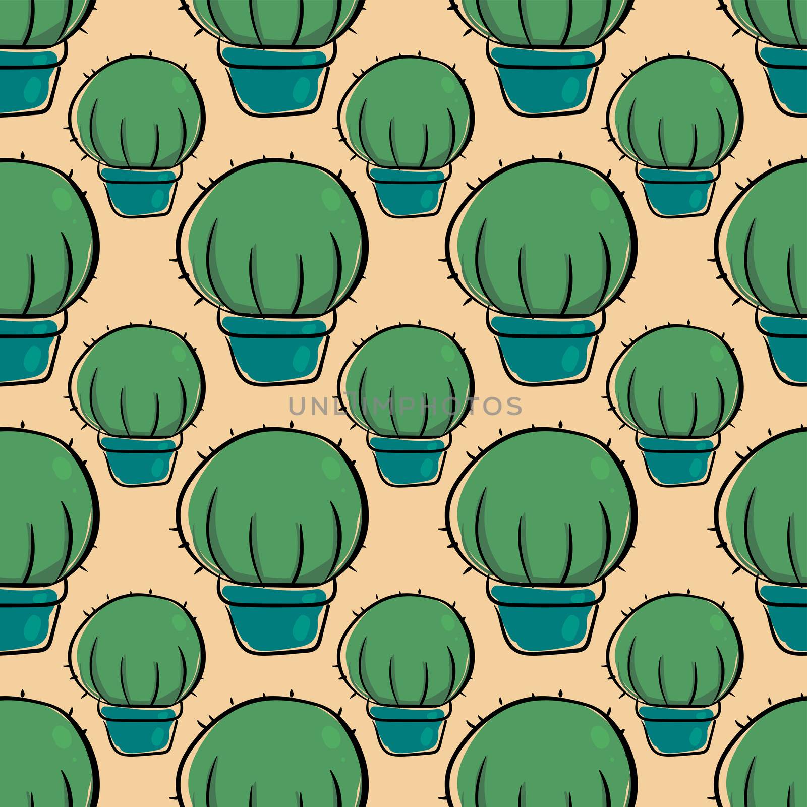 Rounded cactus in pot pattern , illustration, vector on white ba by Morphart