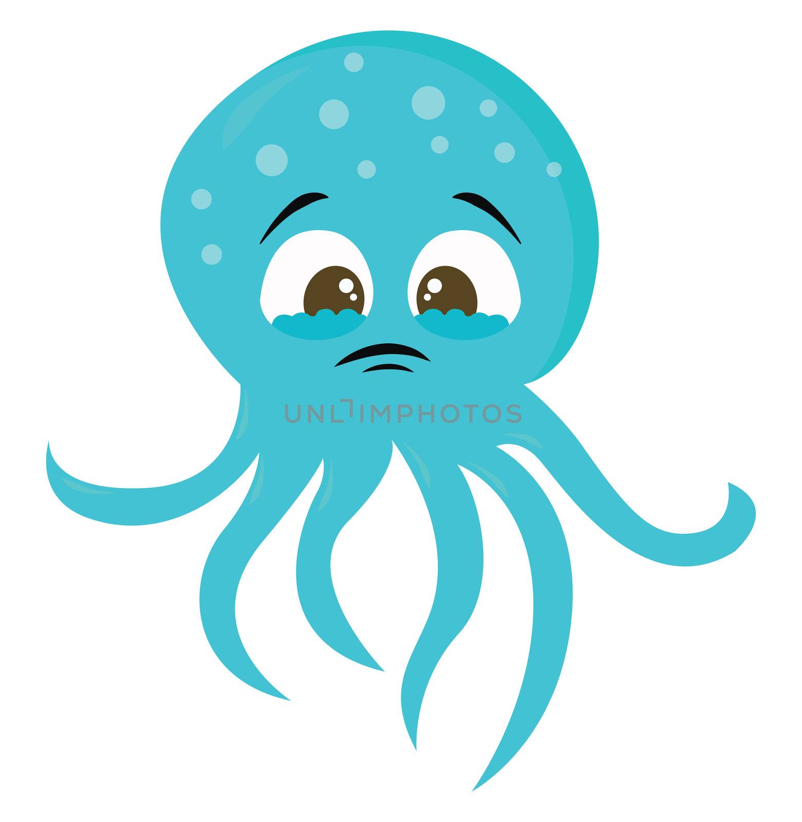 Sad blue octopus , illustration, vector on white background by Morphart