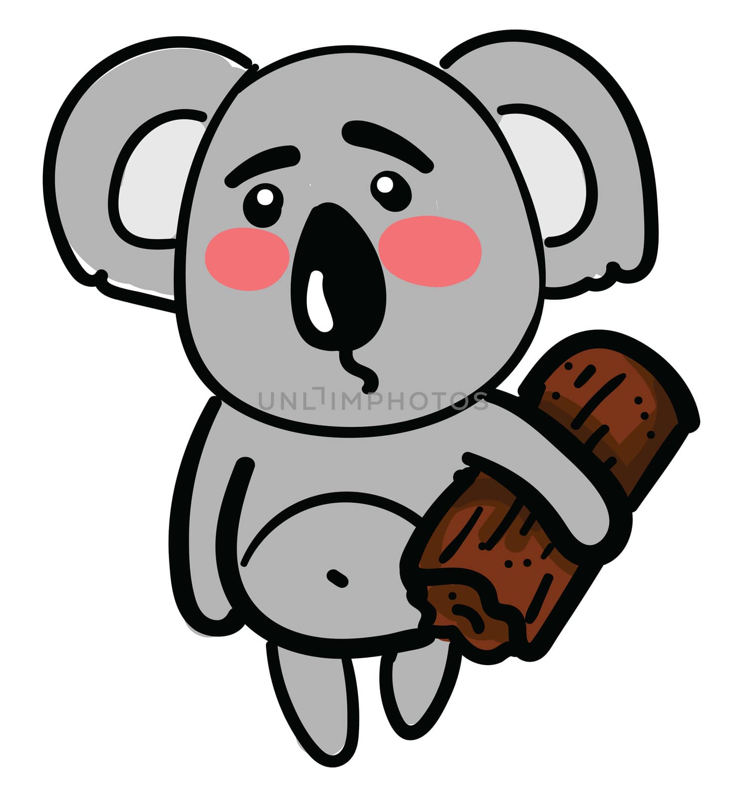 Sad koala with wood , illustration, vector on white background