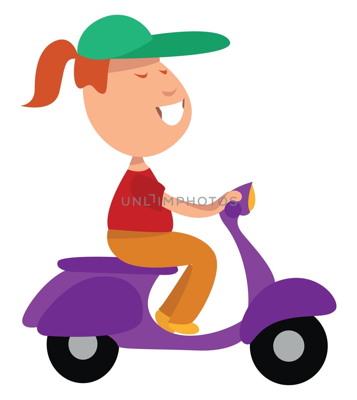 Girl on scooter , illustration, vector on white background by Morphart