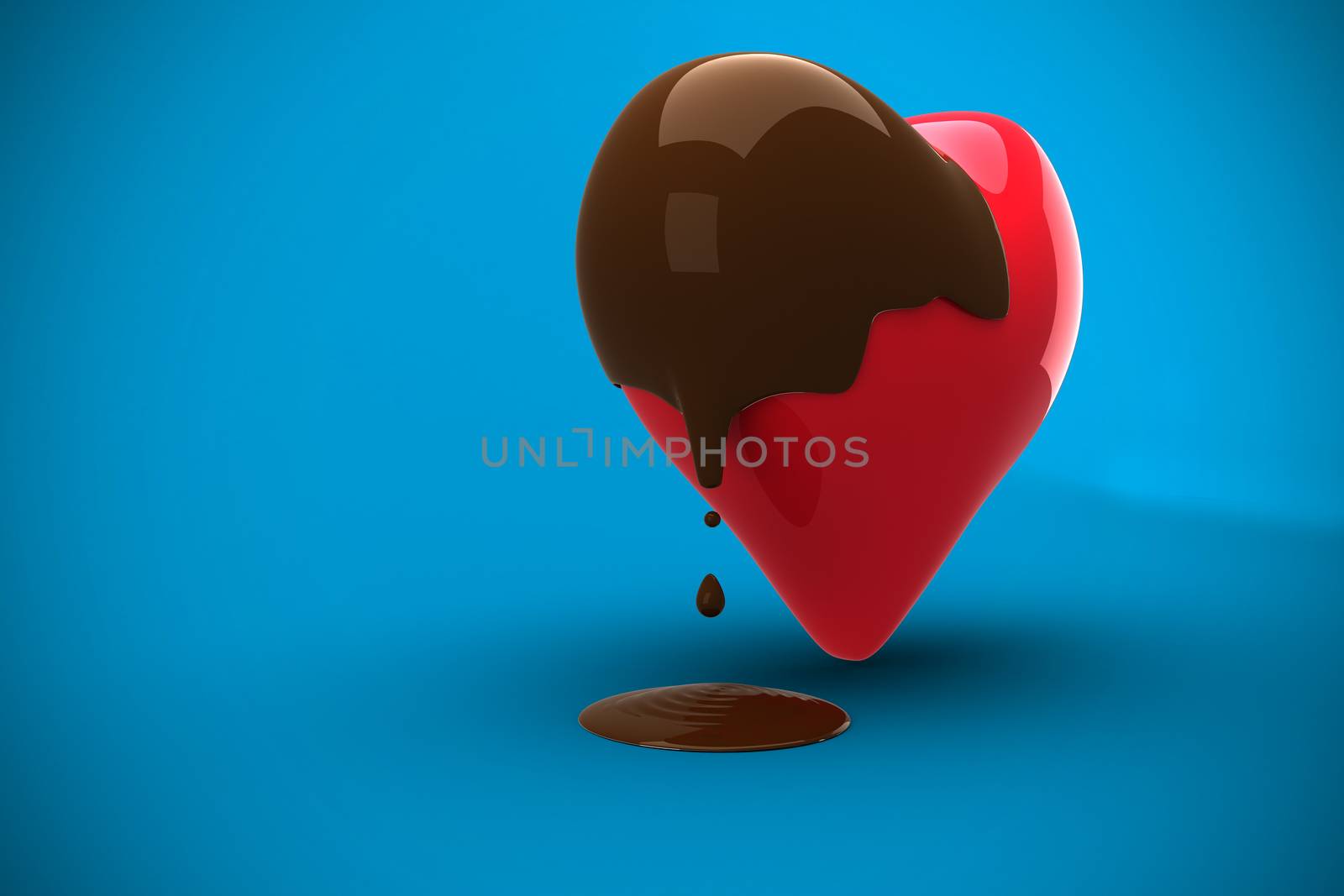 Heart dipped in chocolate against blue background with vignette