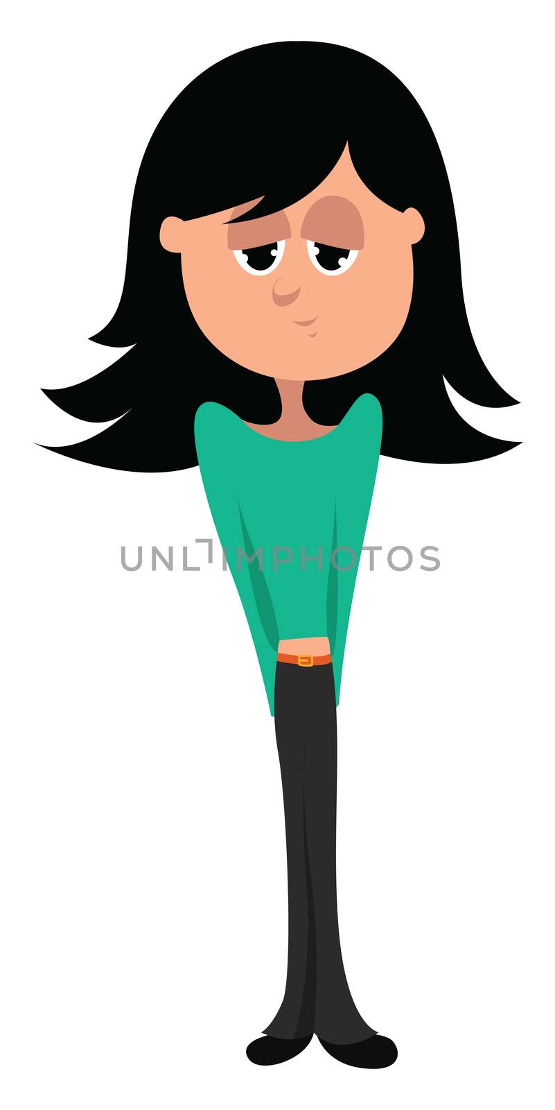 Shy girl with black hair , illustration, vector on white backgro by Morphart