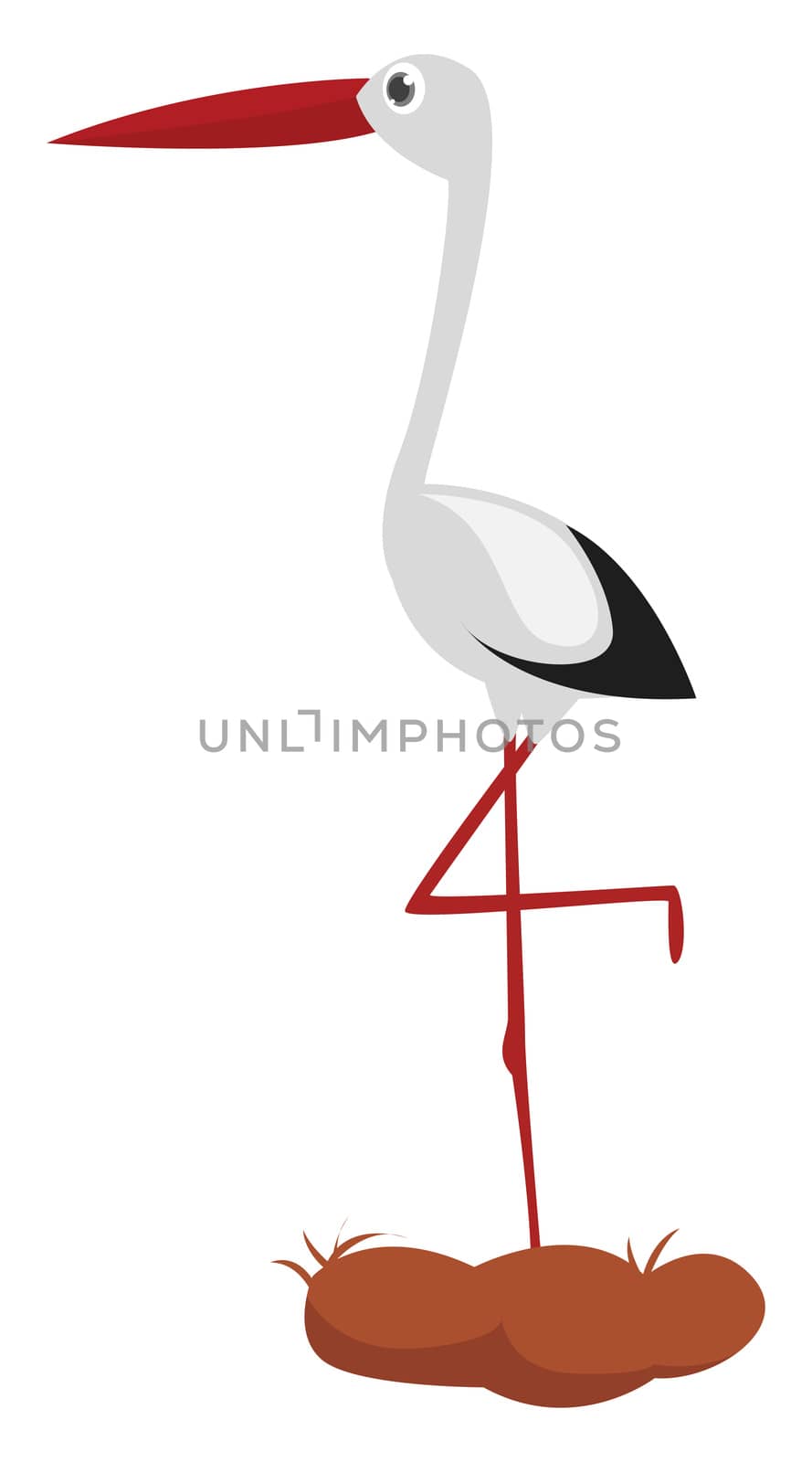 Stork standing on one leg , illustration, vector on white background