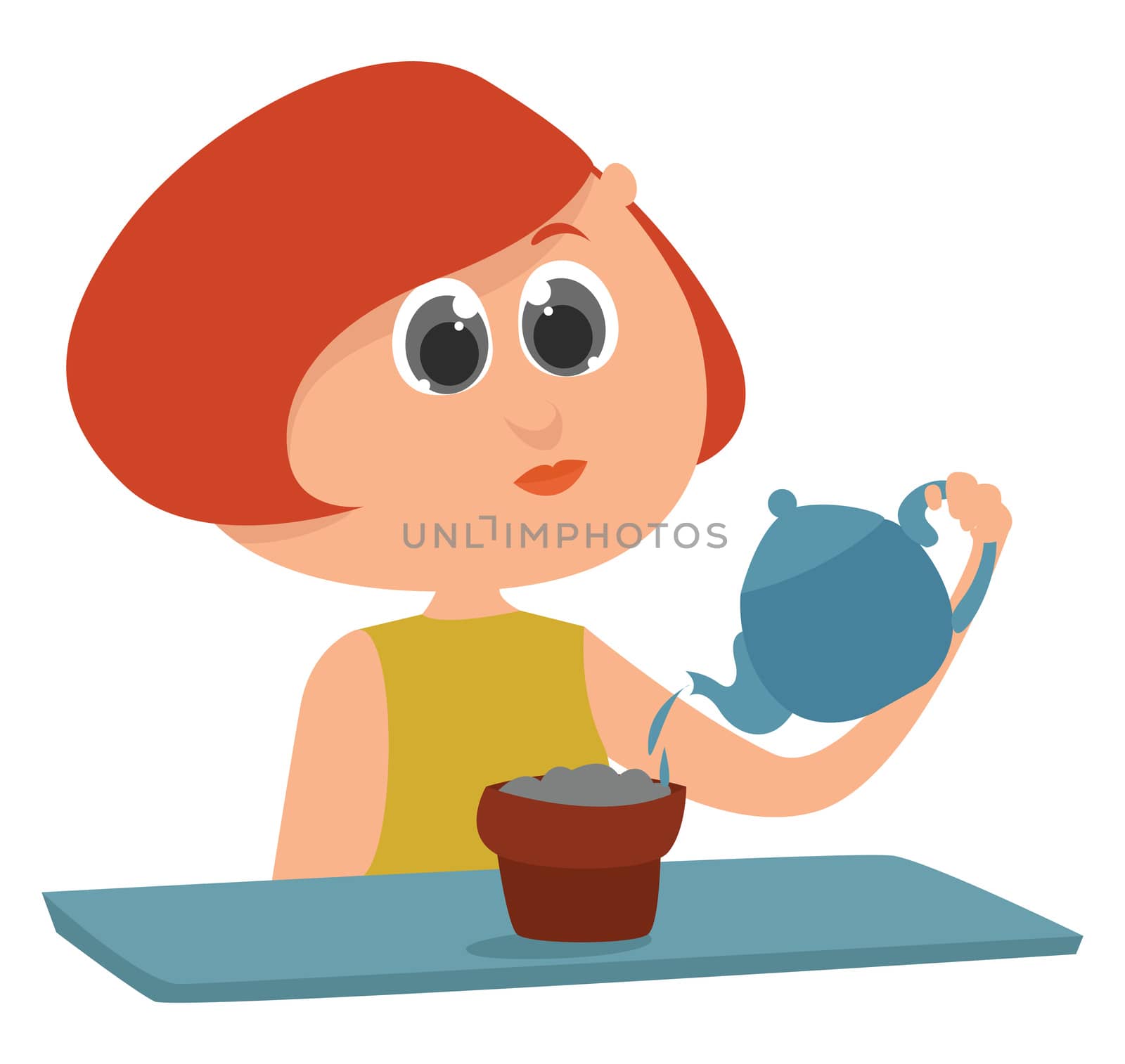 Girl watering flowers , illustration, vector on white background by Morphart