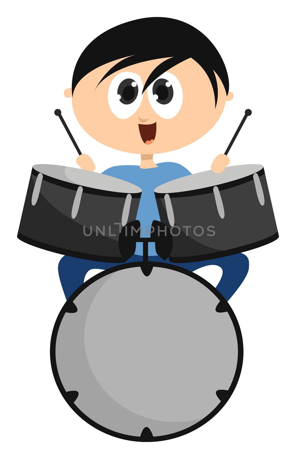 Boy playing drums , illustration, vector on white background