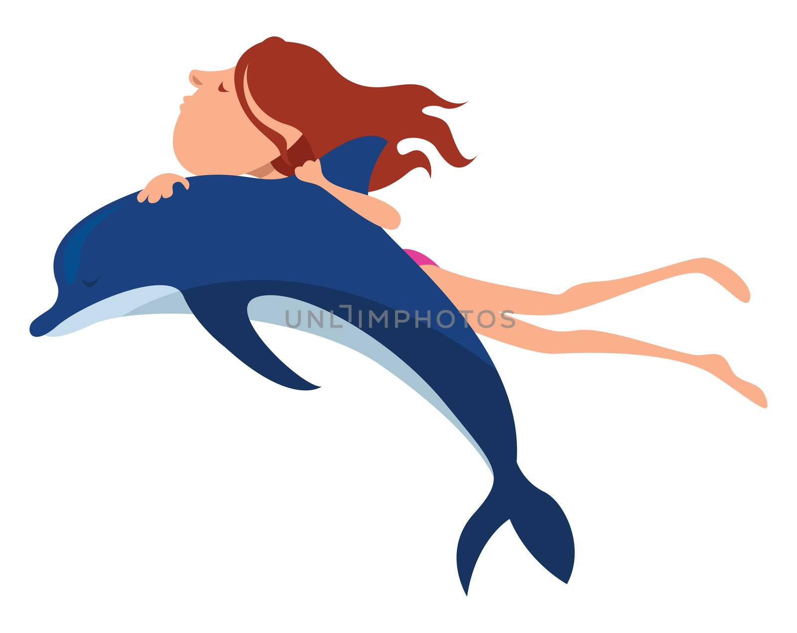 Girl swiming with dolphin , illustration, vector on white backgr by Morphart