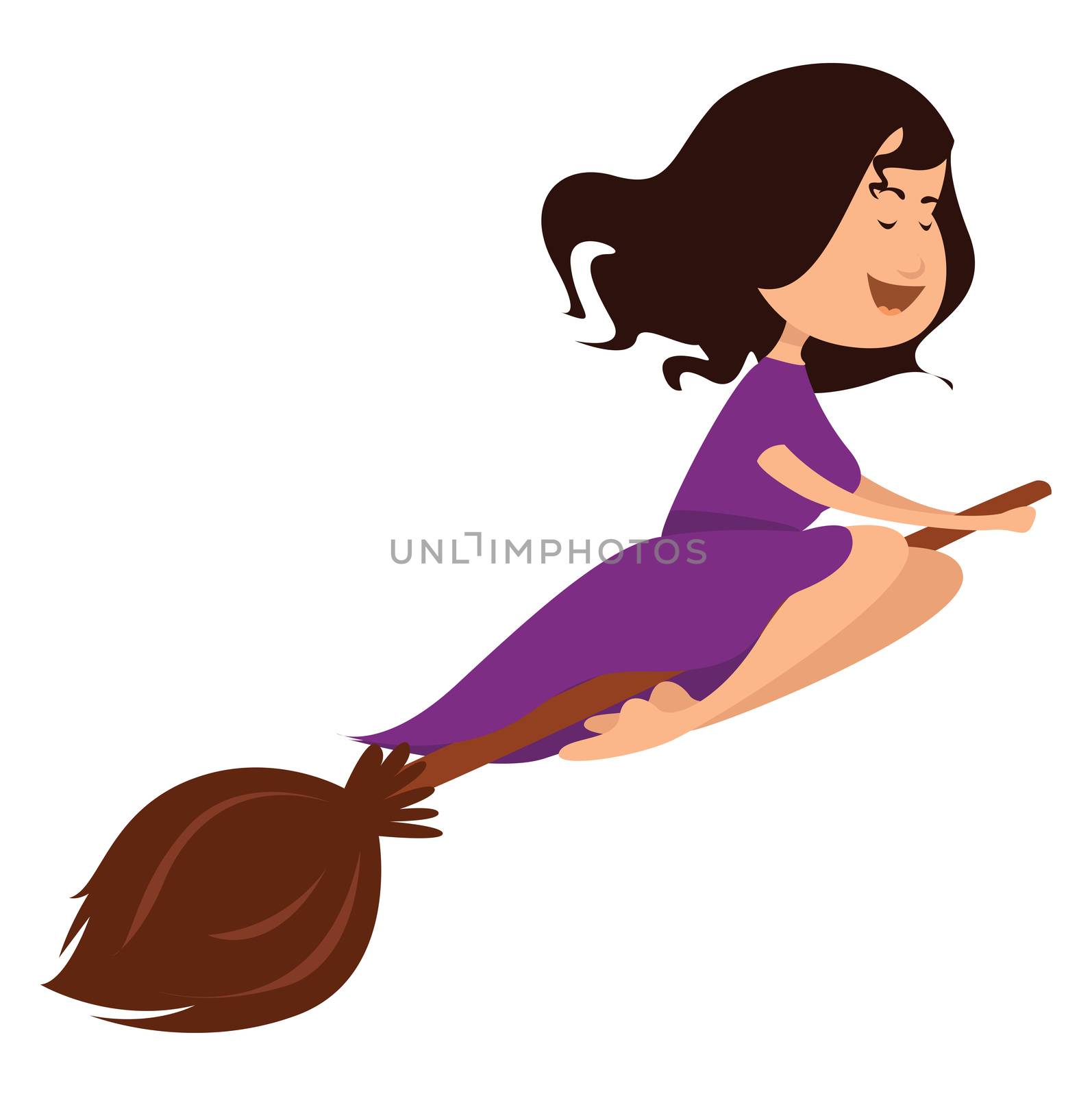 Woman flying on broom , illustration, vector on white background by Morphart