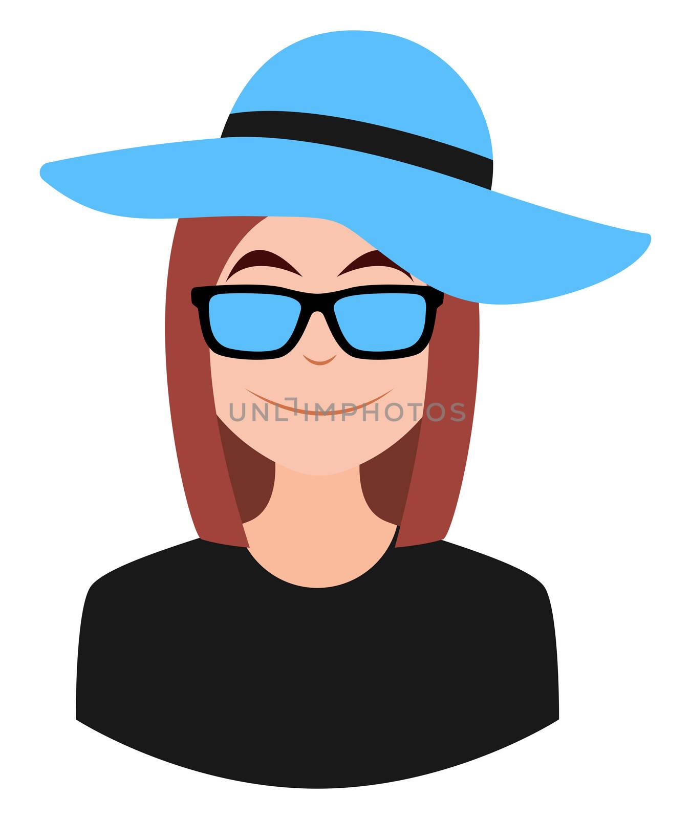 Girl with blue hat and sunglasses, illustration, vector on white by Morphart