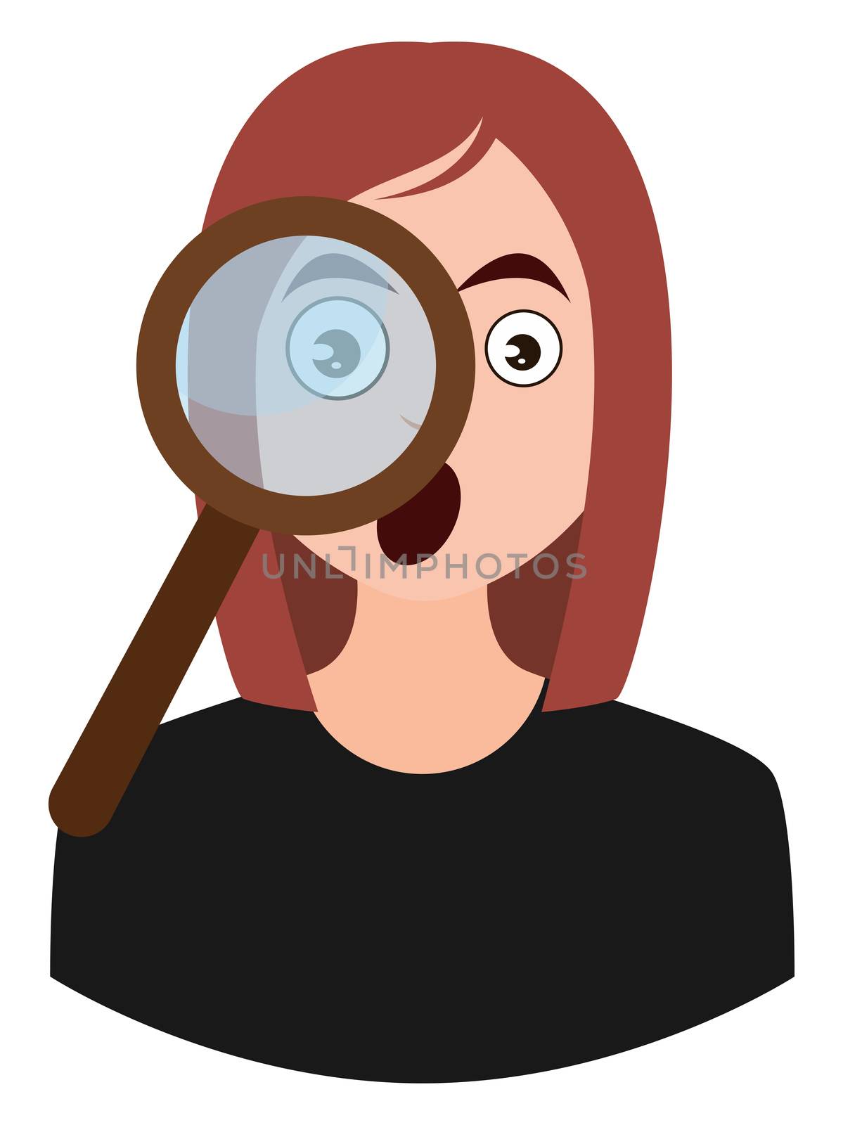 Girl with magnifying glass, illustration, vector on white background