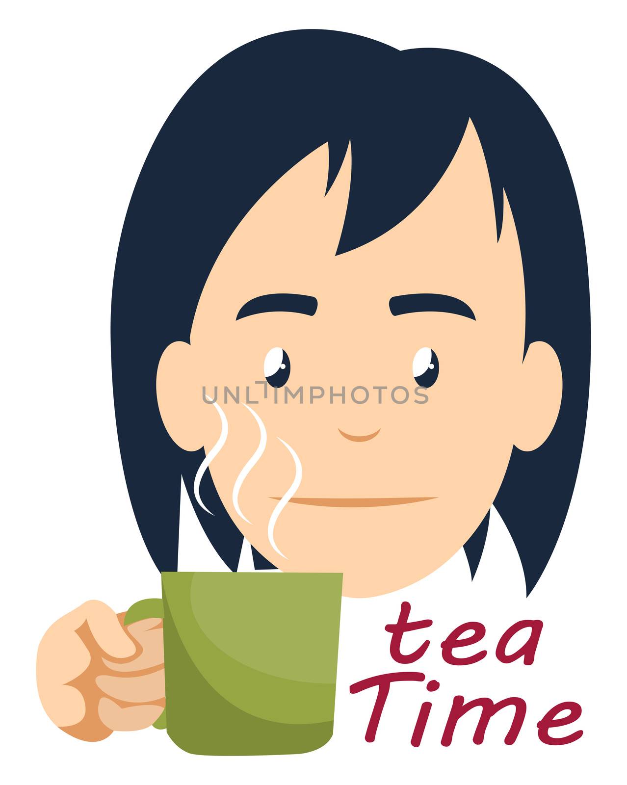 Girl drinking tea, illustration, vector on white background by Morphart