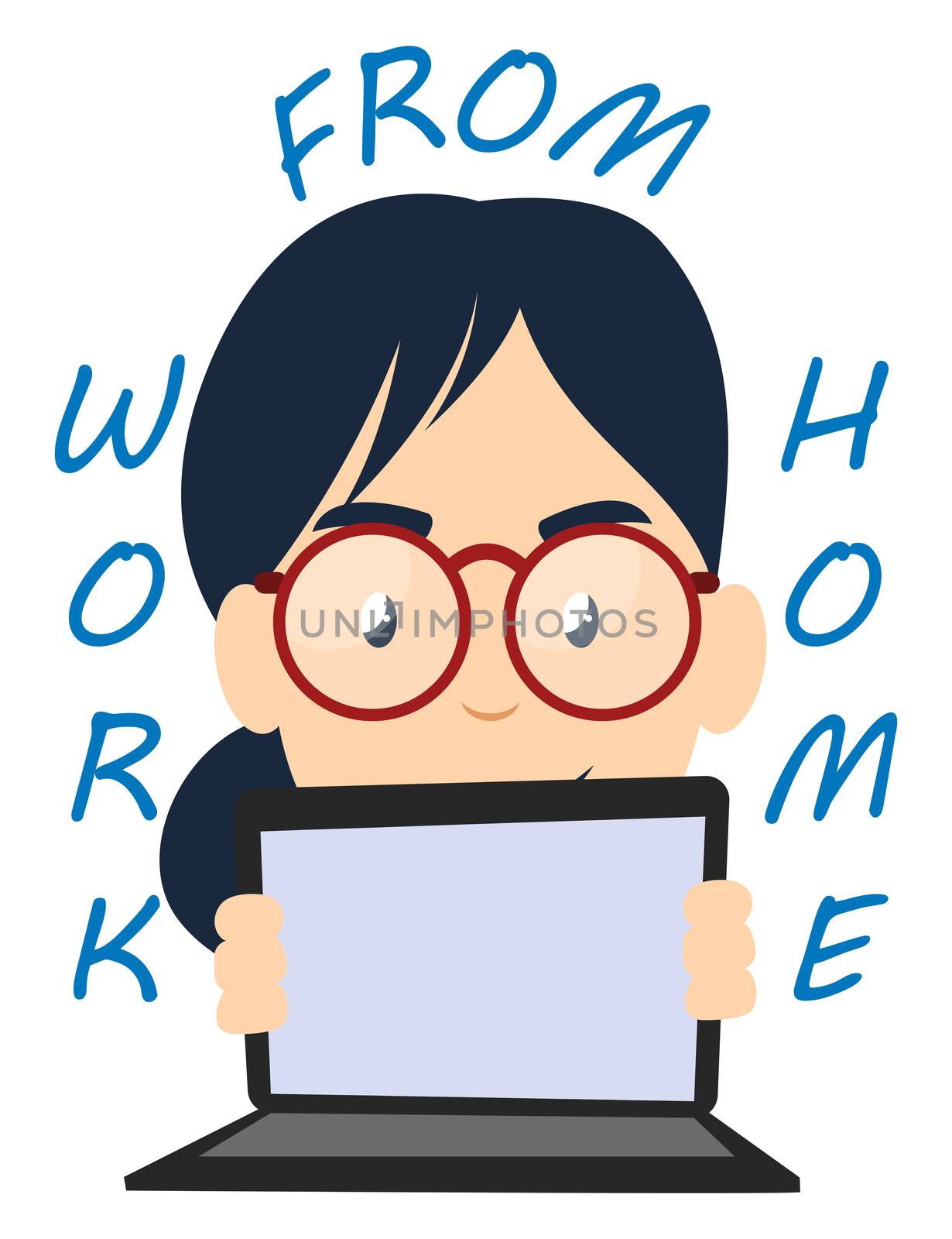 Girl working from home, illustration, vector on white background
