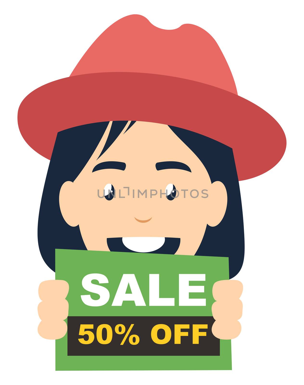 Girl with sale sign, illustration, vector on white background by Morphart
