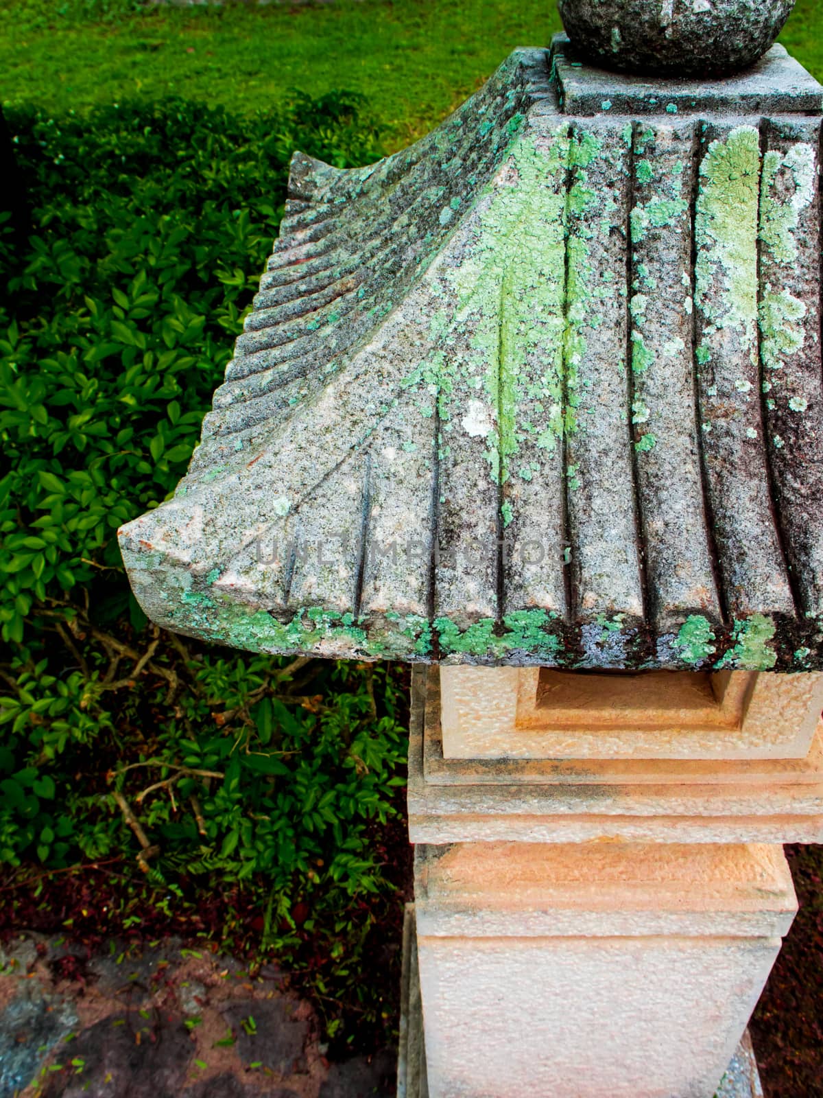 Lichen on the roof of the stone pavilion modeled in the garden