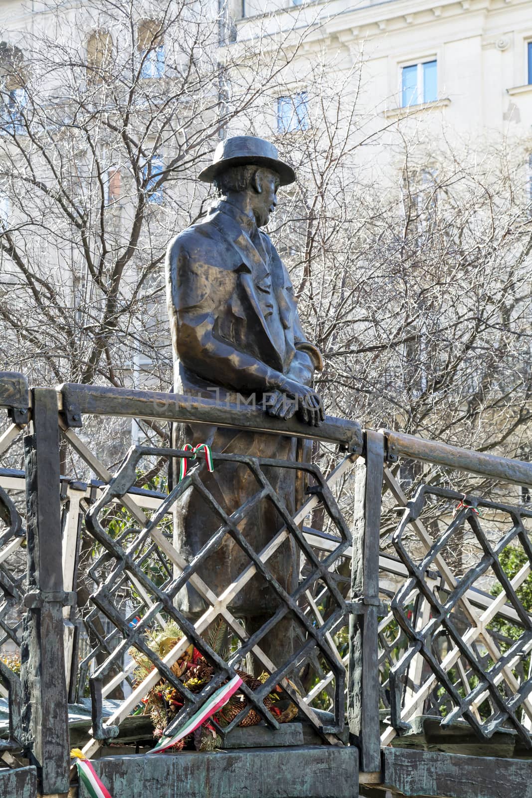 Budapest, HUNGARY - FEBRUARY 15, 2015 - Statue of Imre Nagy standing on a bridge