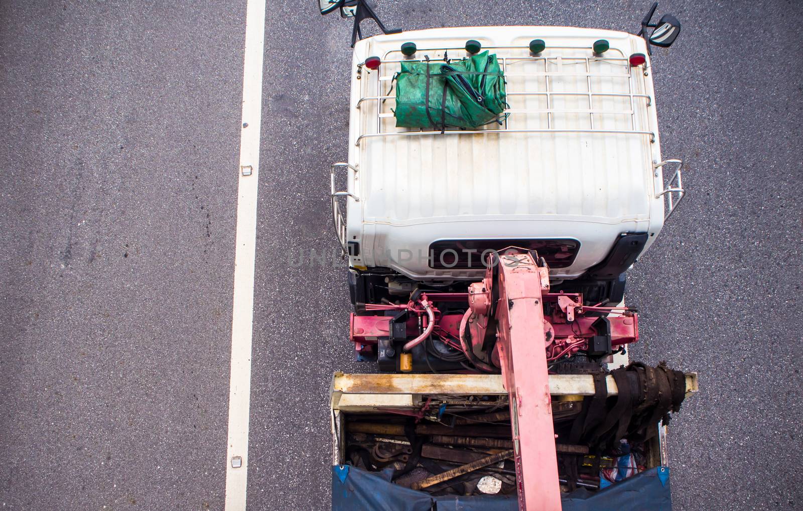 Top view of transportation truck on road