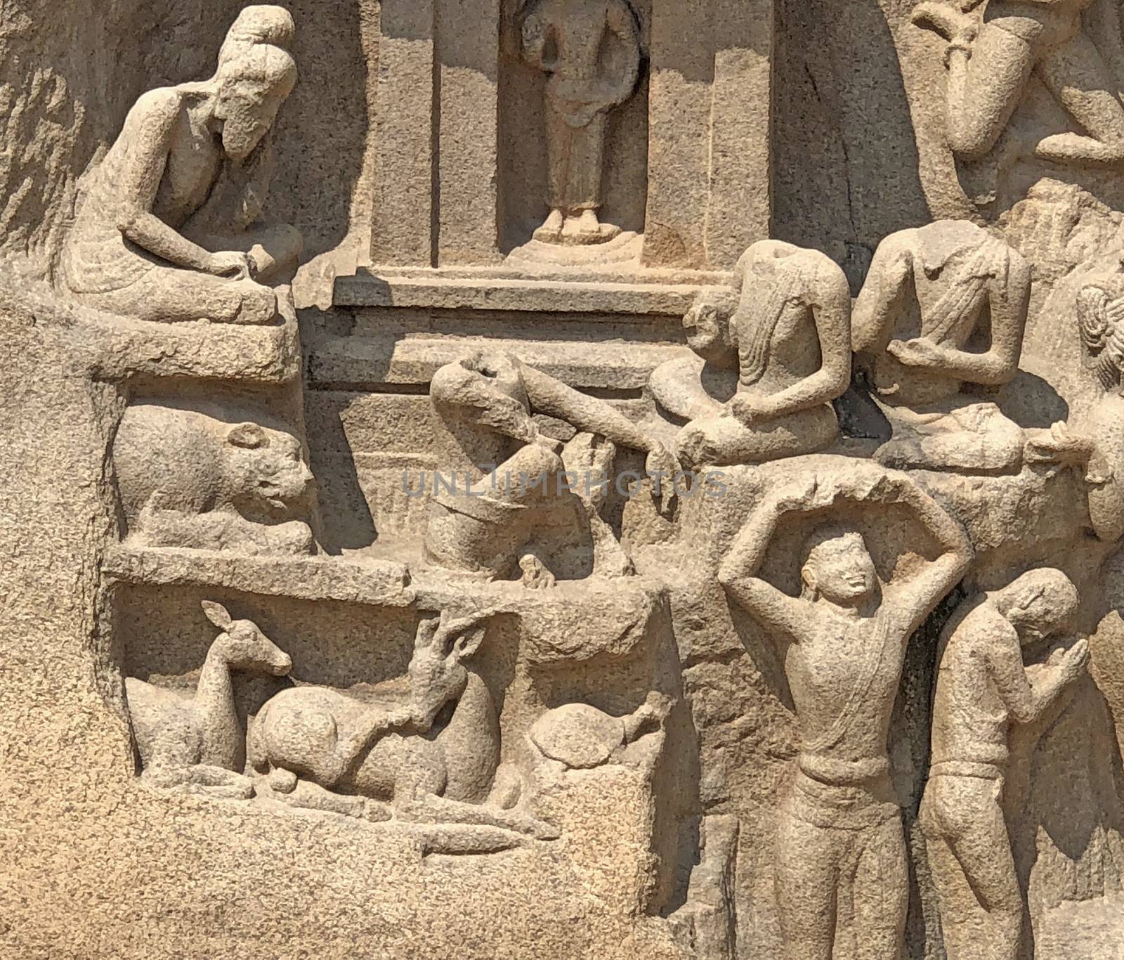 Descent of the Ganges is one of the Group of Monuments at Mahabalipuram and it is a UNESCO World Heritage Site. It is a giant open-air rock cut bas relief sculptures carved on two monolithic rocks. The story depicted in the relief is the descent of the sacred river Ganges to earth from the heavens. The relief was created by Narasimhavarman-1 to celebrate the victory over Chalukiya king. There are 146 sculptures of animals, God, people and half-humans carved in the rock relief.