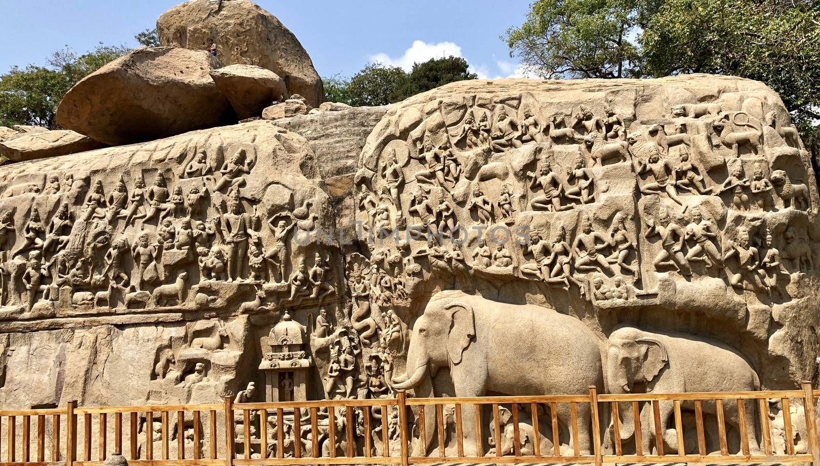 Descent of the Ganges is one of the Group of Monuments at Mahabalipuram and it is a UNESCO World Heritage Site. It is a giant open-air rock cut bas relief sculptures carved on two monolithic rocks. The story depicted in the relief is the descent of the sacred river Ganges to earth from the heavens. The relief was created by Narasimhavarman-1 to celebrate the victory over Chalukiya king. There are 146 sculptures of animals, God, people and half-humans carved in the rock relief.