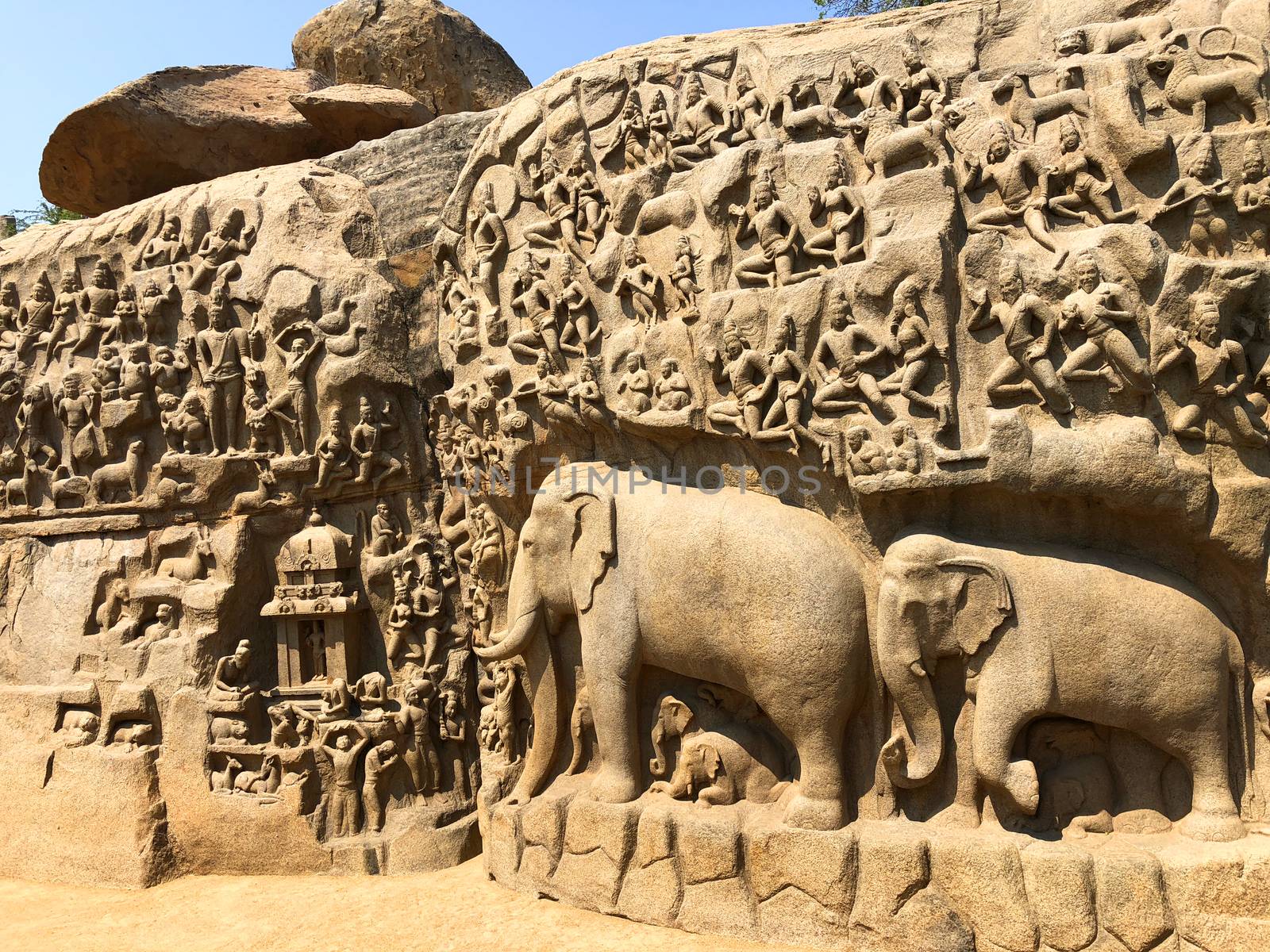 Descent of the Ganges is one of the Group of Monuments at Mahabalipuram and it is a UNESCO World Heritage Site. It is a giant open-air rock cut bas relief sculptures carved on two monolithic rocks. The story depicted in the relief is the descent of the sacred river Ganges to earth from the heavens. The relief was created by Narasimhavarman-1 to celebrate the victory over Chalukiya king. There are 146 sculptures of animals, God, people and half-humans carved in the rock relief.
