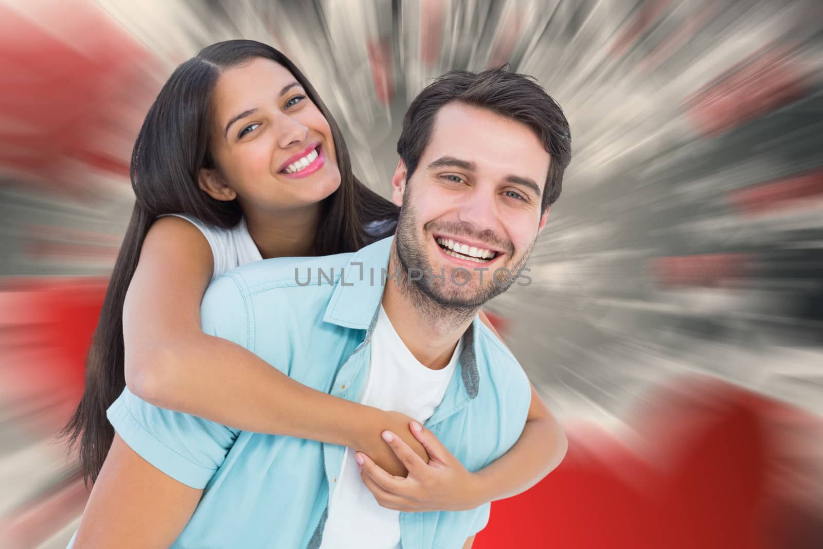 Composite image of happy casual man giving pretty girlfriend piggy back by Wavebreakmedia