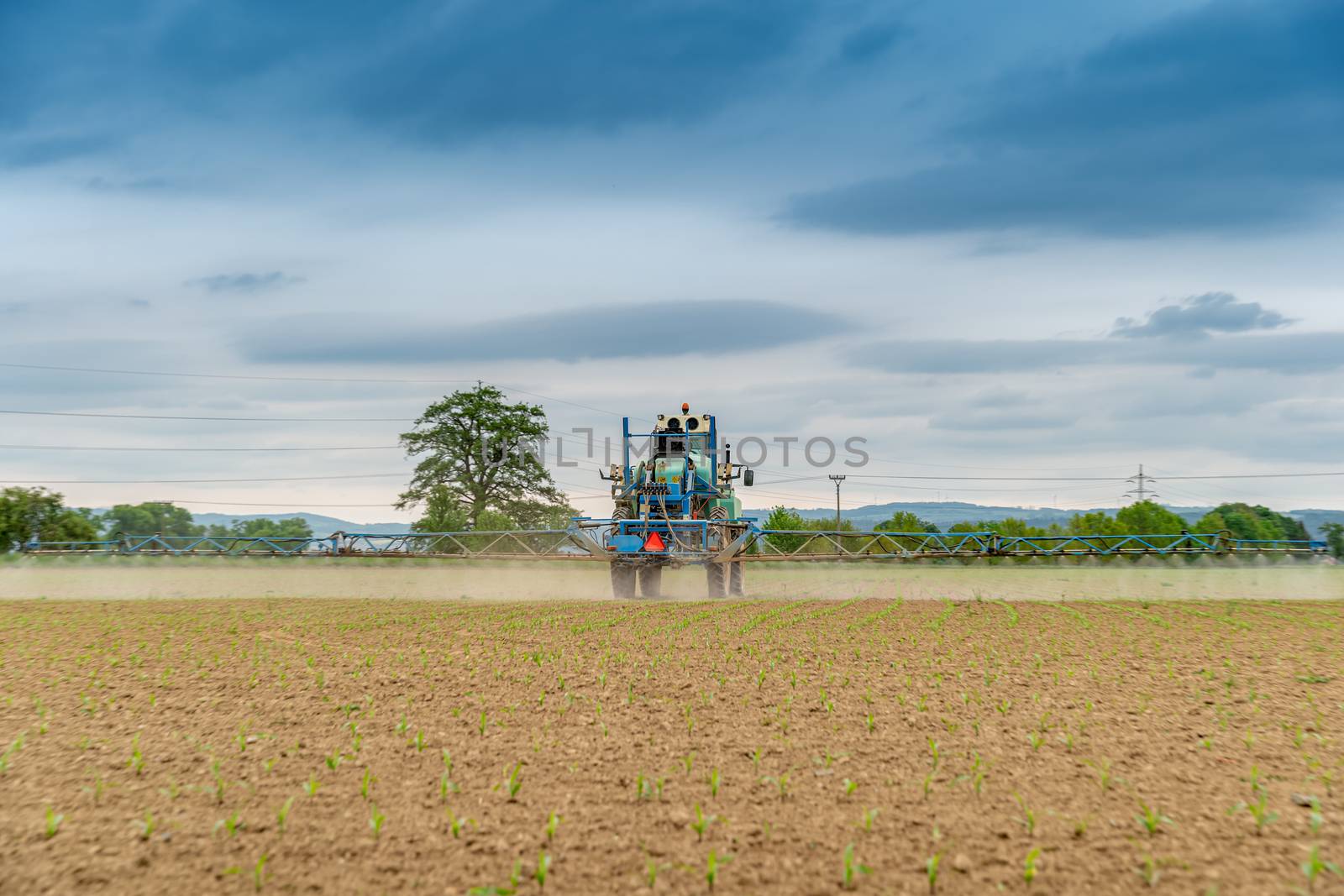 tractor spraying chemicals on the field for better harvesting and pest control. copy space by Edophoto