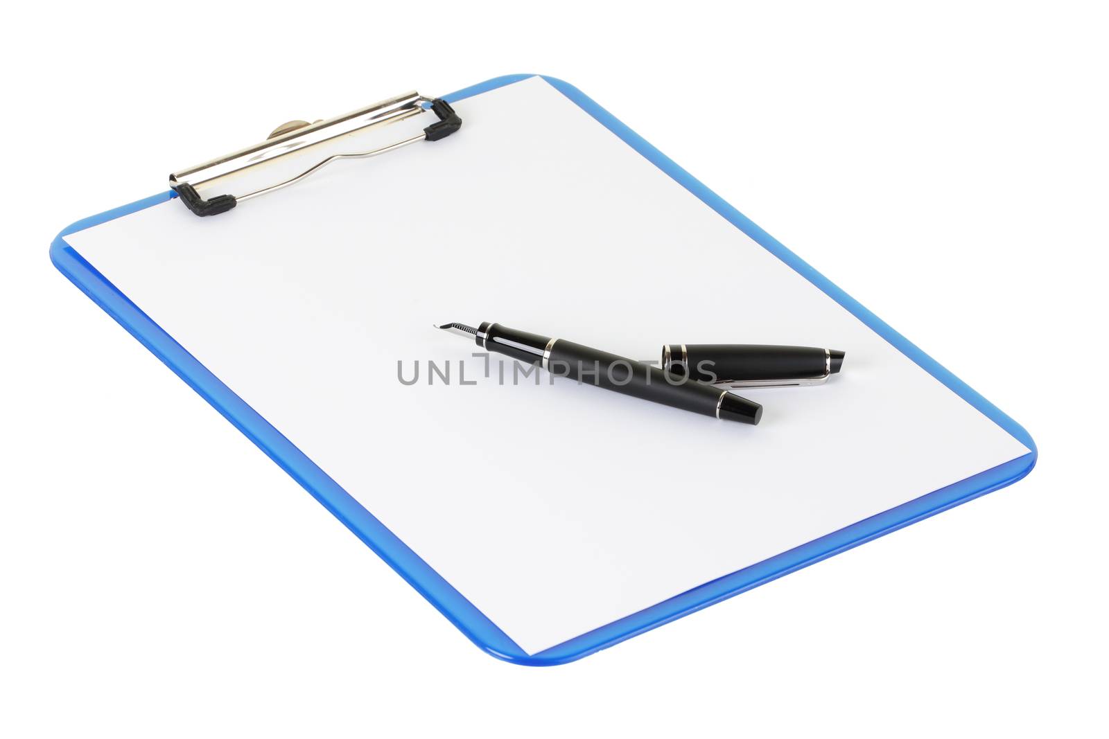 A blue clipboard isolated on white with fountain pen