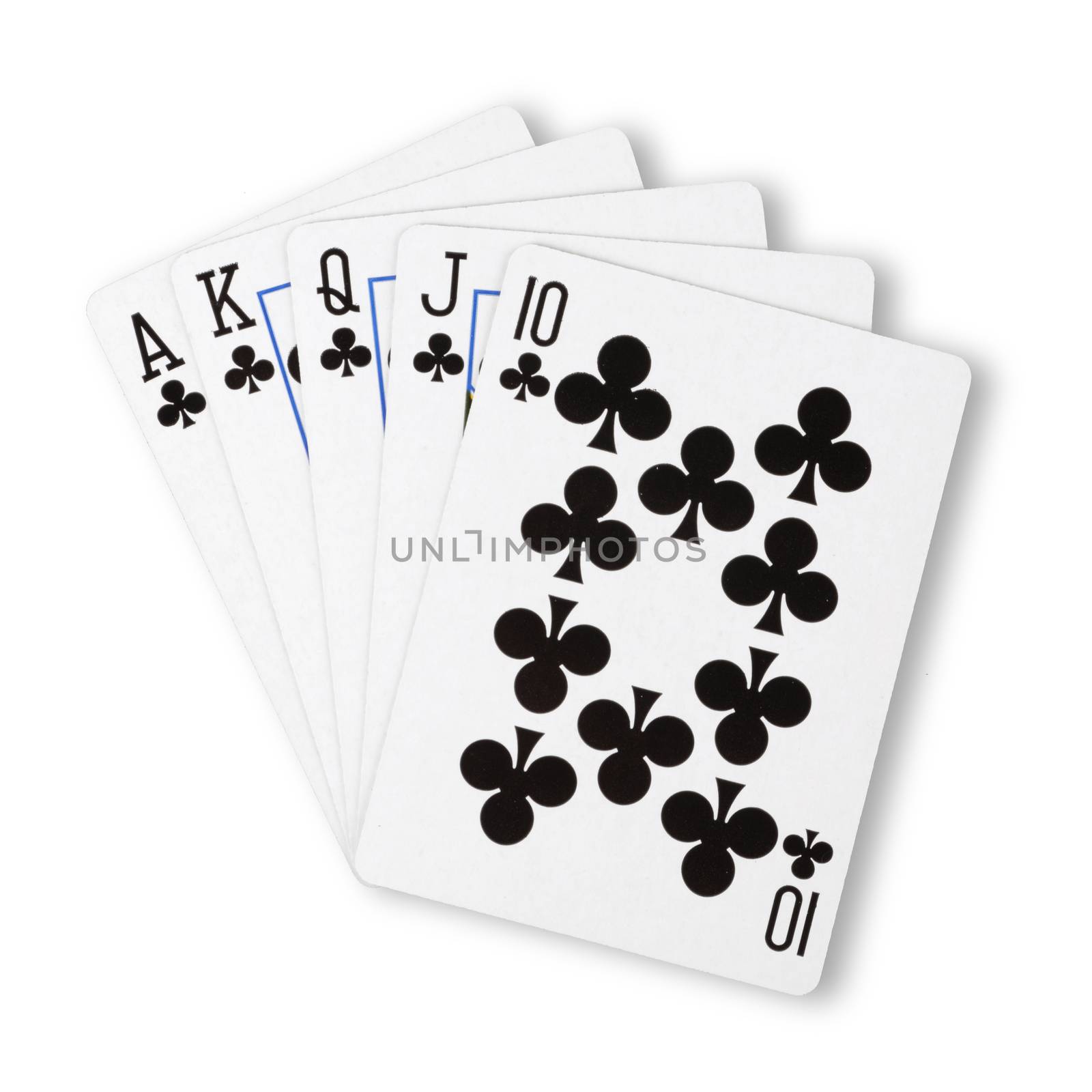 A Clubs royal flush flat on white winning hand business concept
