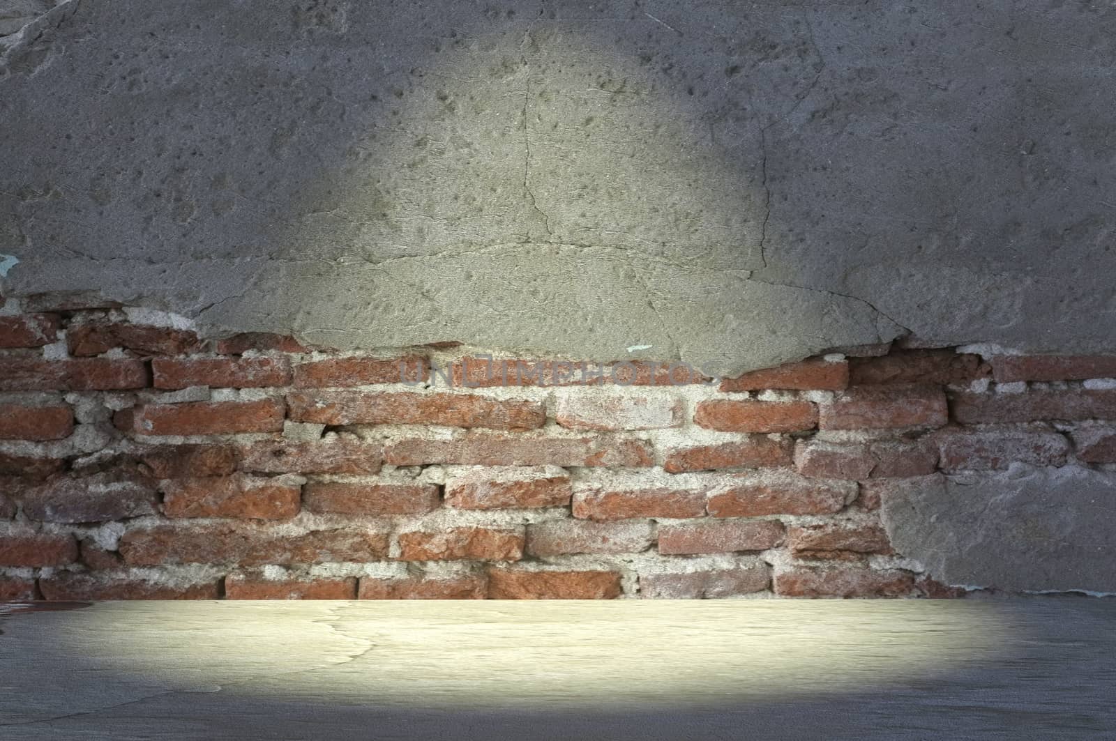 3d rendering of interior with  , Old brick wall with peeling plaster, grunge background . Copyspace for artwork . 