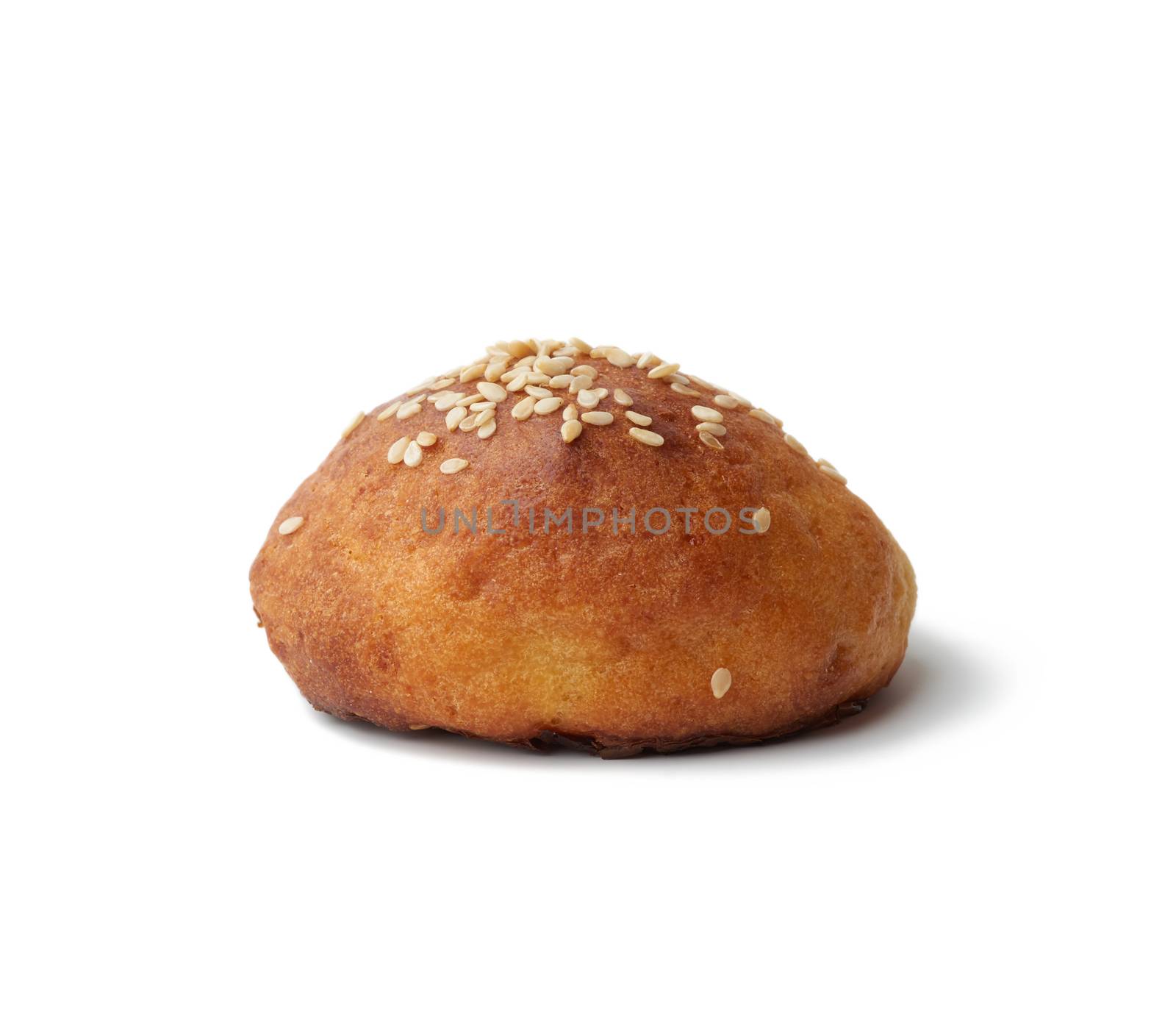 baked round bun with sesame seeds isolated on a white background by ndanko