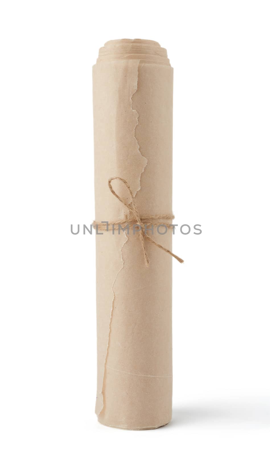 twisted roll of brown paper tied with a rope and isolated on a w by ndanko