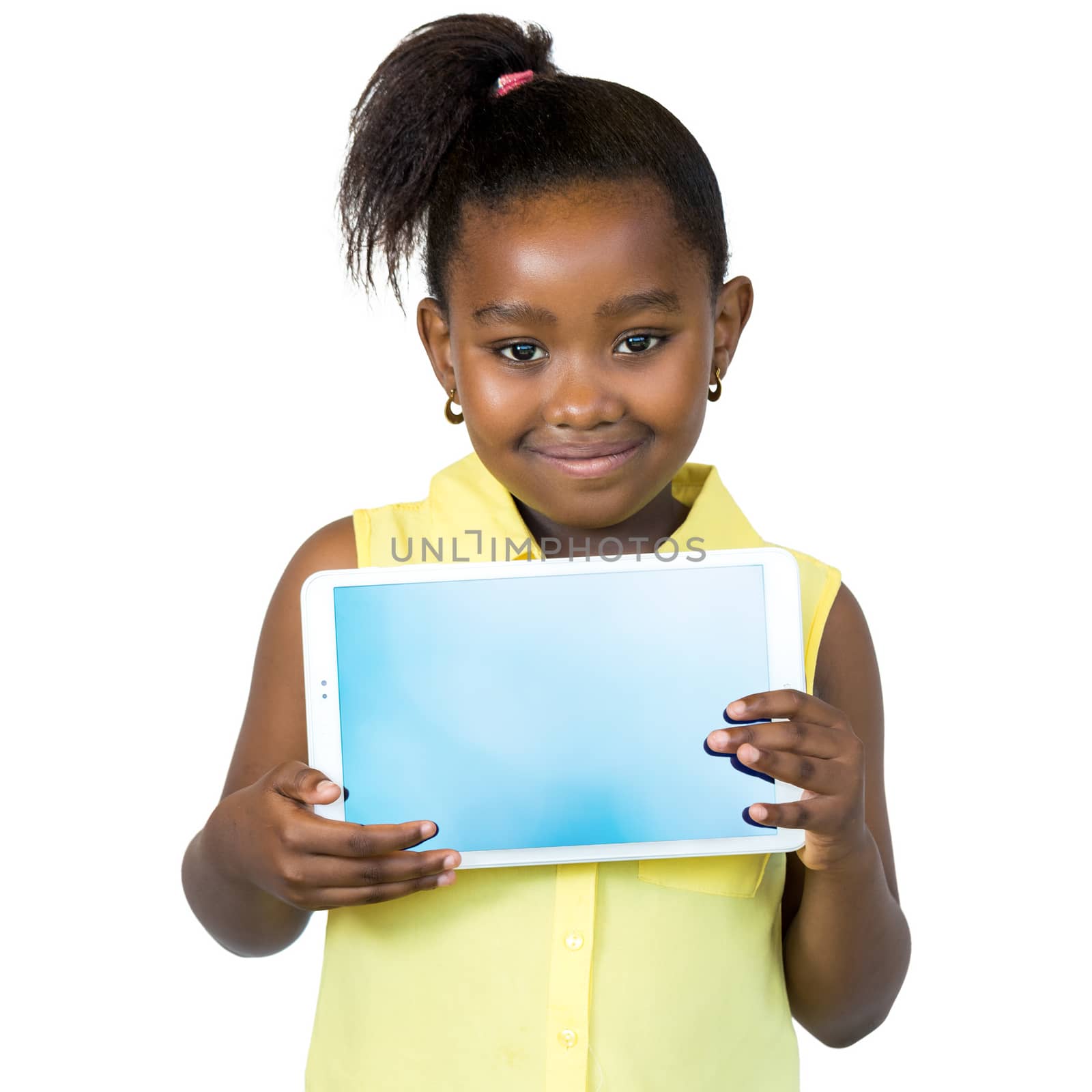 Cute african girl showing blank tablet screen. by karelnoppe