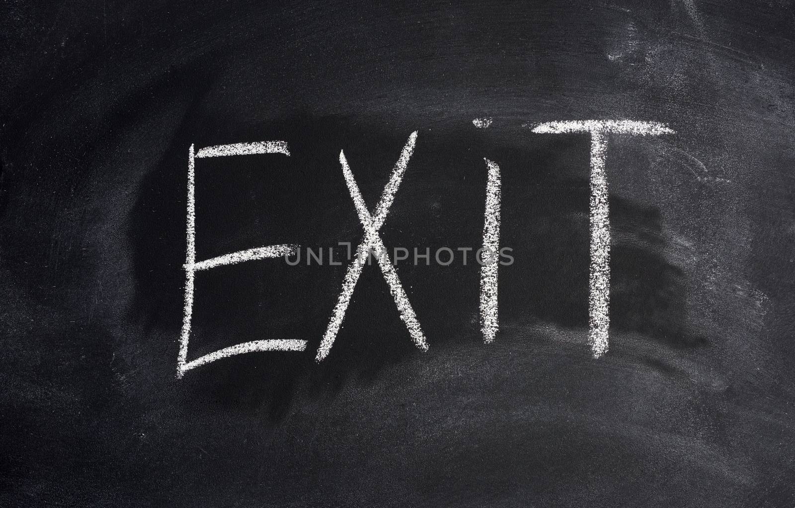 white chalk lettering exit on a black chalk board, close up