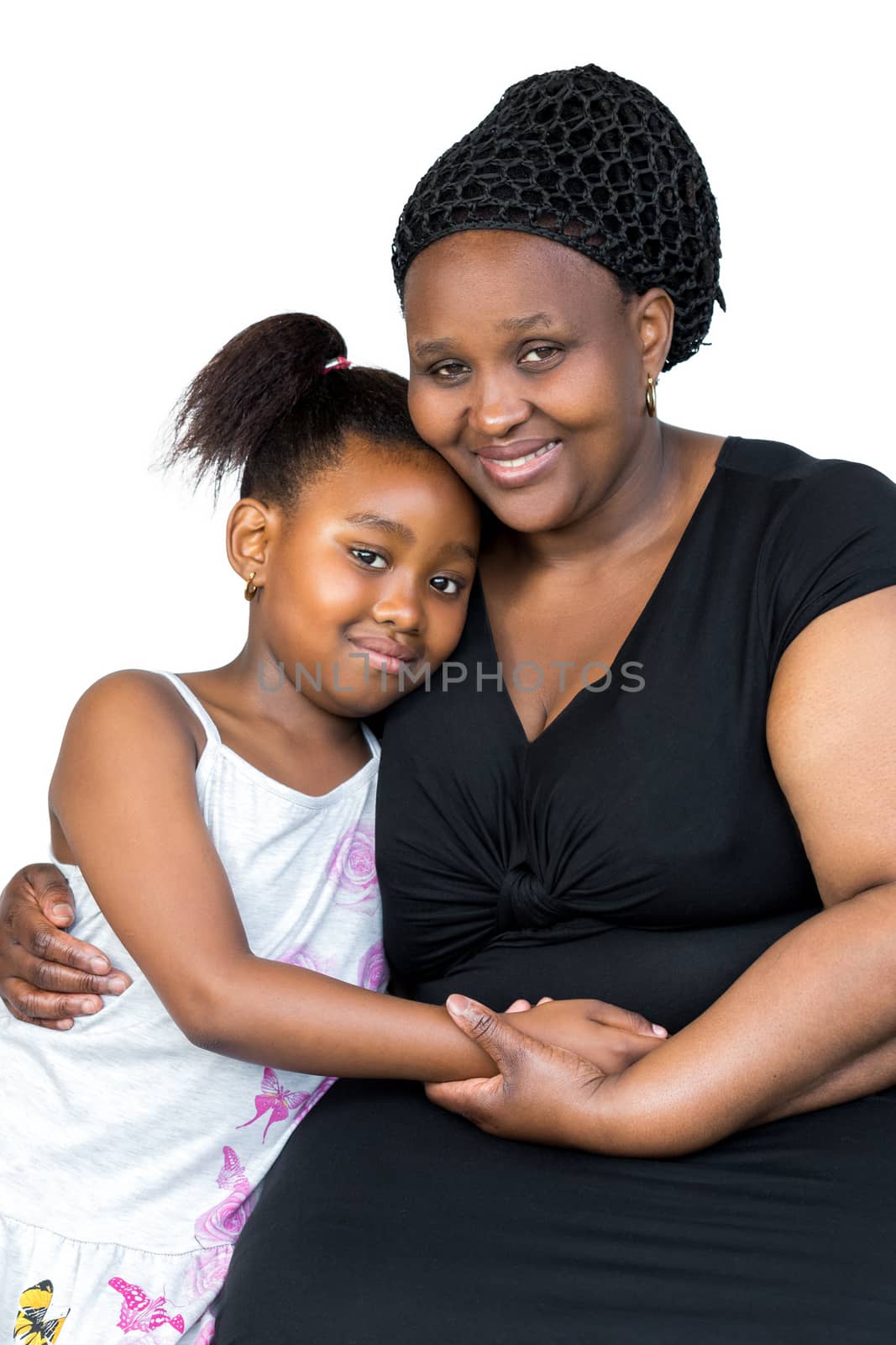 Close up portrait of little african child together with mother isolated on white background.