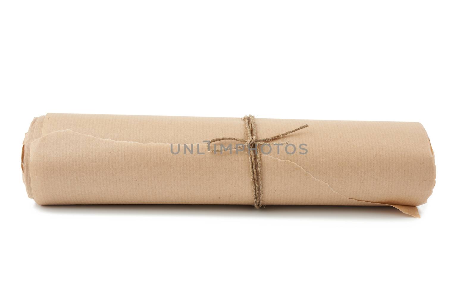 twisted roll of brown paper tied with a rope and isolated on a white background