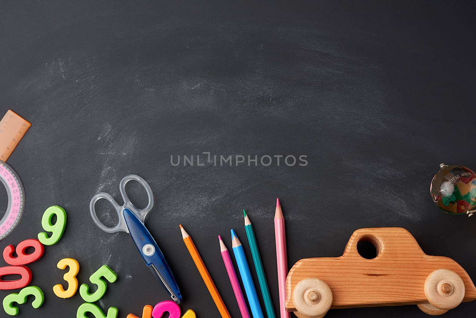 wooden multi-colored pencils, plastic numbers, scissors, wooden  by ndanko