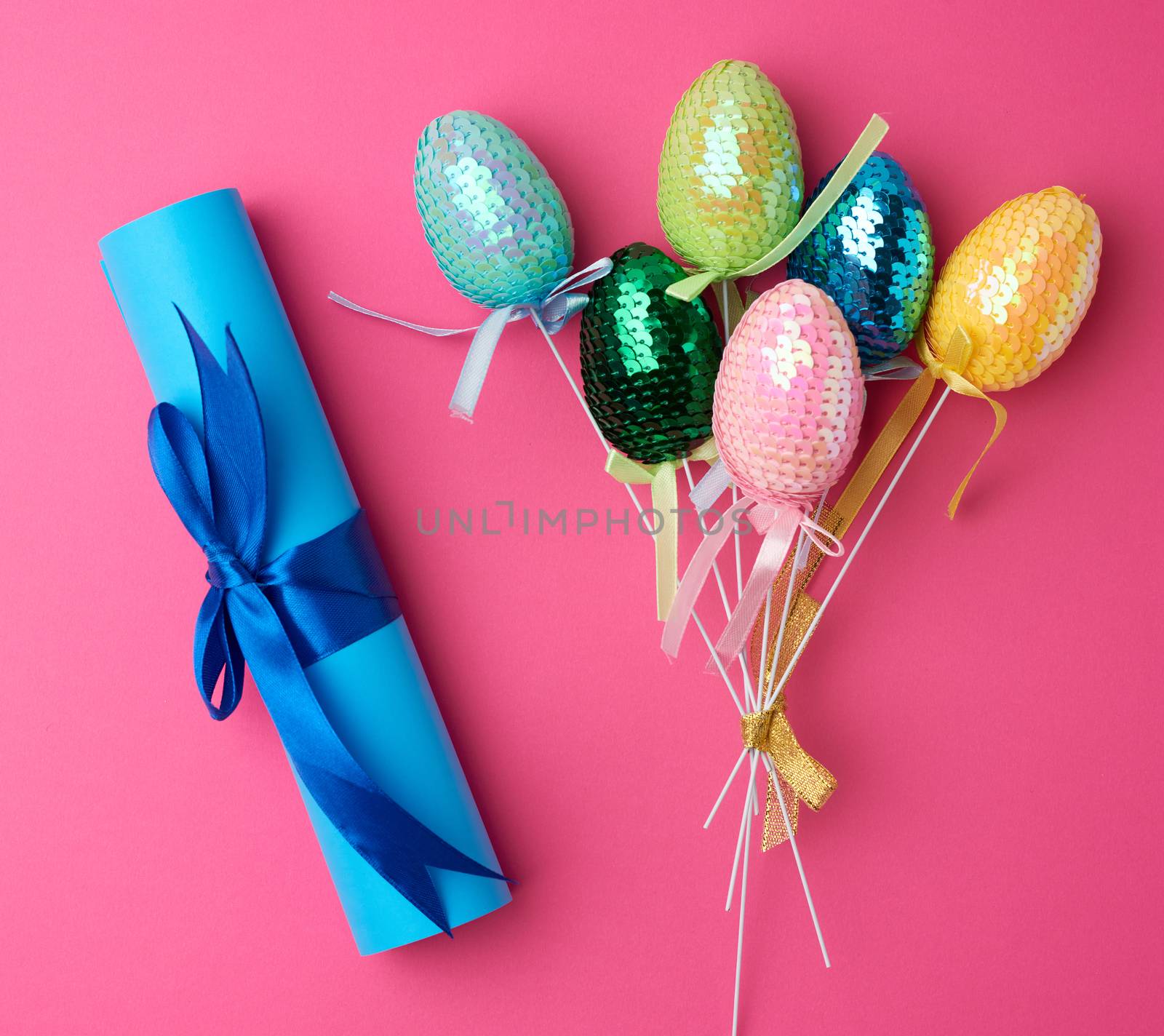 multicolored decorative Easter eggs decorated with sequins and b by ndanko