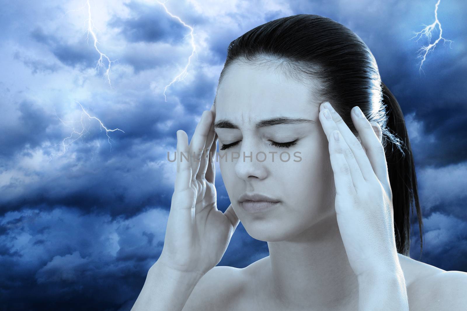 Close up conceptual portrait of young unhappy woman against dark clouds with lightning. Girl with headache and eyes closed.  