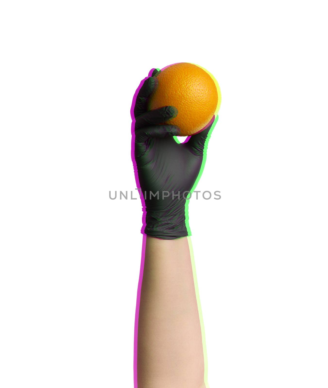 hand in a black latex glove holds two round ripe oranges, part of the body is isolated on a white background, concept of safe food delivery, glitch effect